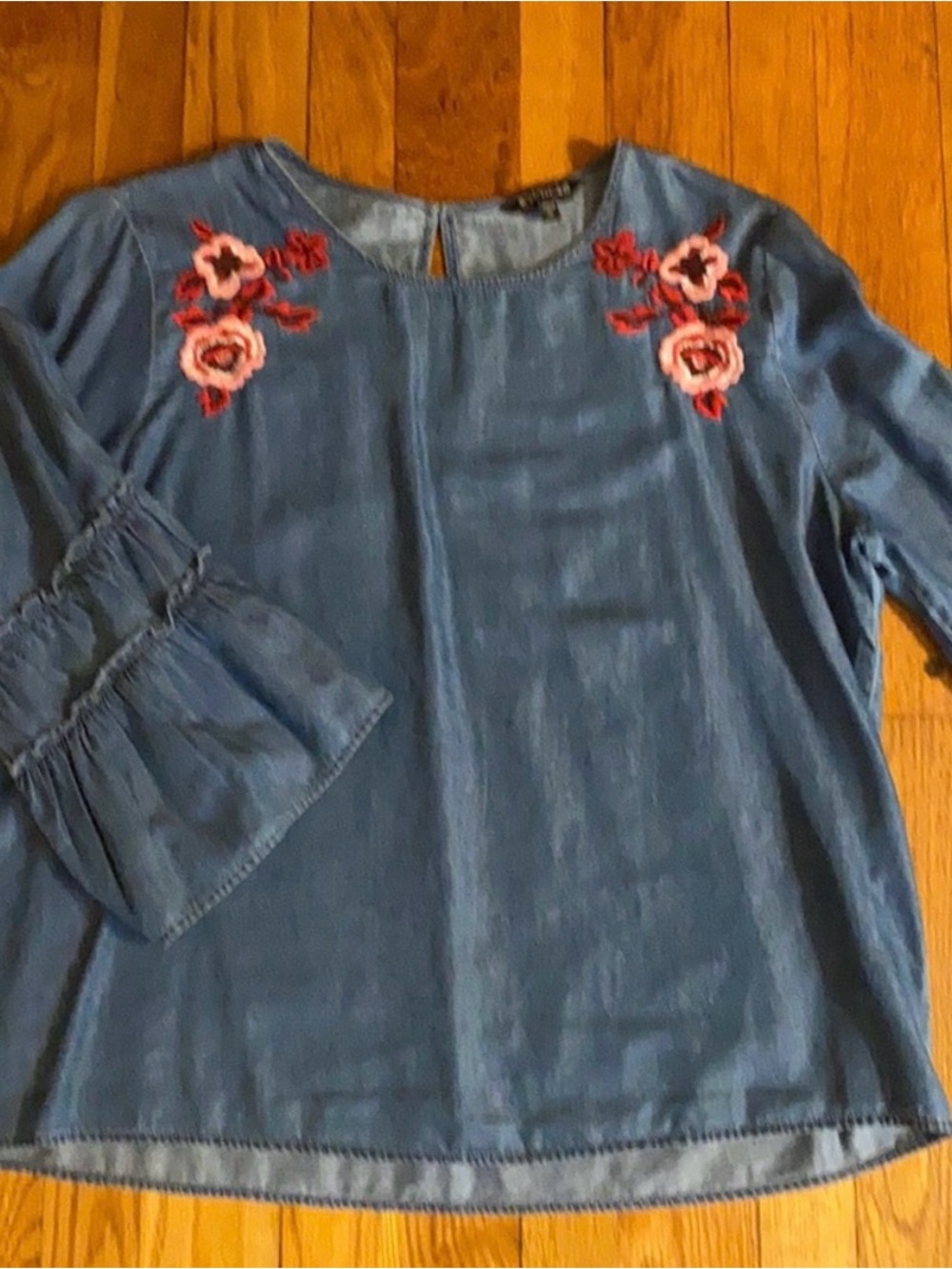 Express Denim Embroidered Floral Long Sleeve Top